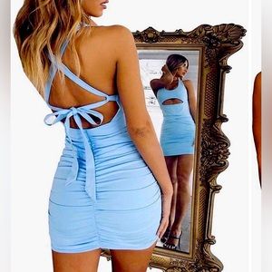 Blue cinched dress with slit